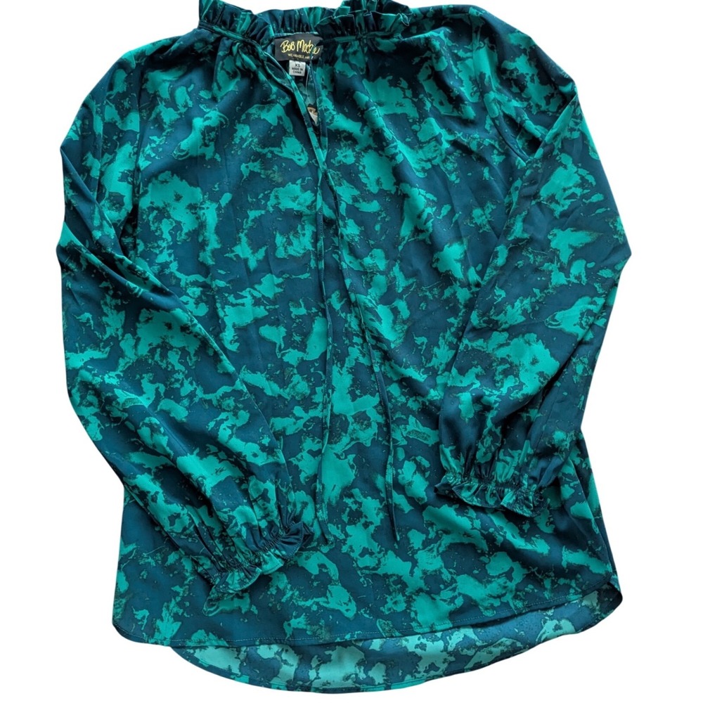 NWT BOB MACKIE Wearable Art Emerald Green Abstract Ruffle‎ Long Sleeve Blouse XS